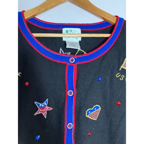 The Quacker Factory USA Patriotic Womens 2XL Black Button Cardigan Sweater Beads - Picture 3 of 11